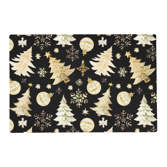 Elegant Black Gold Snowflakes Christmas Tree Balls Placemat (Front)