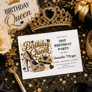 Elegant Black Gold Sparkle Birthday Queen Invites