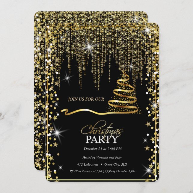 Elegant Black -Gold Sparkle Christmas Tree Invitation (Front/Back)