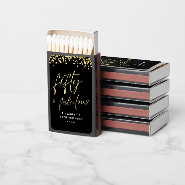 Elegant Black Gold Sparkle Fifty and Fabulous Matchboxes (Stacked)