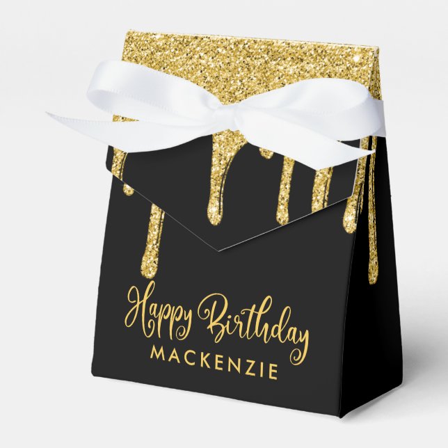 Elegant Black Gold Sparkle Glitter Drips Birthday Favor Boxes (Front Side)