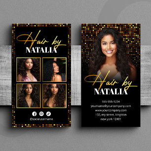 Elegant Black Gold Sparkle Photo Hair Stylist Business Card