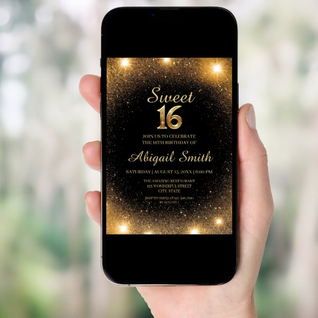 Elegant Black & Gold Sparkle Sweet 16 Invitation  (Front Digital)