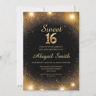 Elegant Black & Gold Sparkle Sweet 16 Invitation