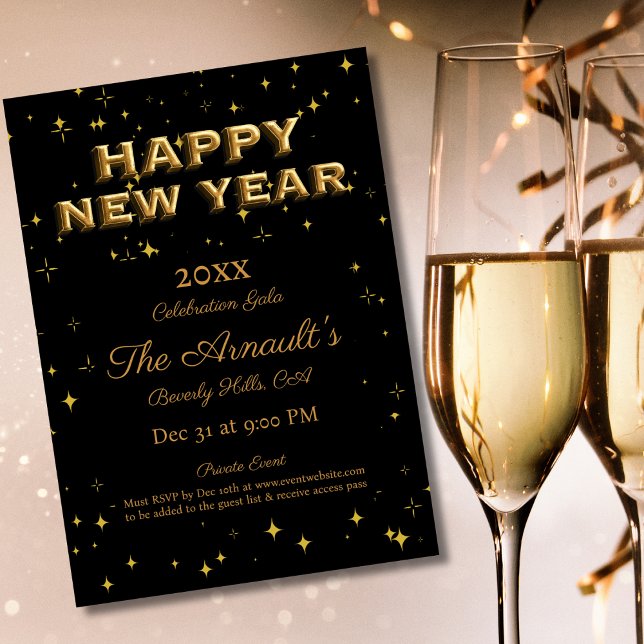 Elegant Black Gold Sparkles Private New Year's Eve Invitation (Creator Uploaded)