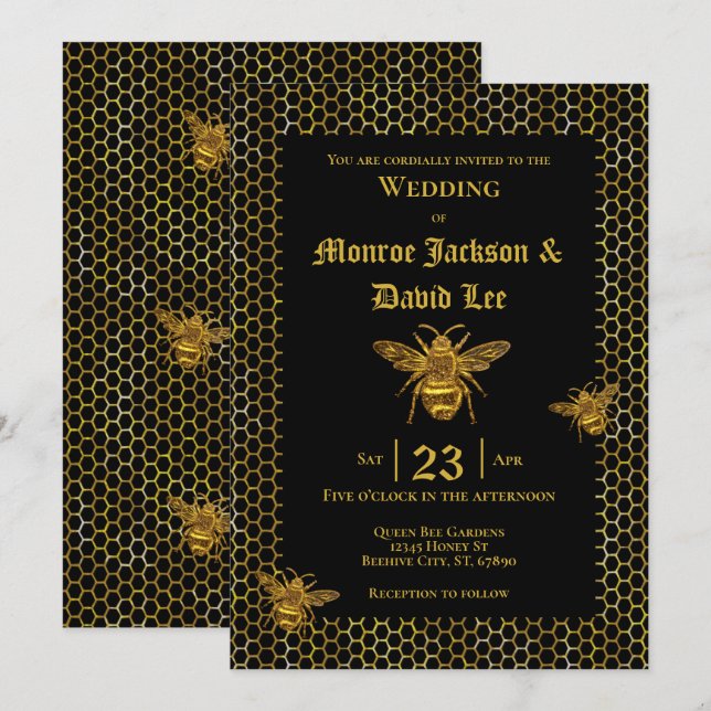 Elegant Black Gold Sparkling Bee Beehive Wedding Invitation (Front/Back)