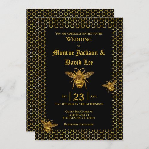 Elegant Black Gold Sparkling Bee Beehive Wedding Invitation
