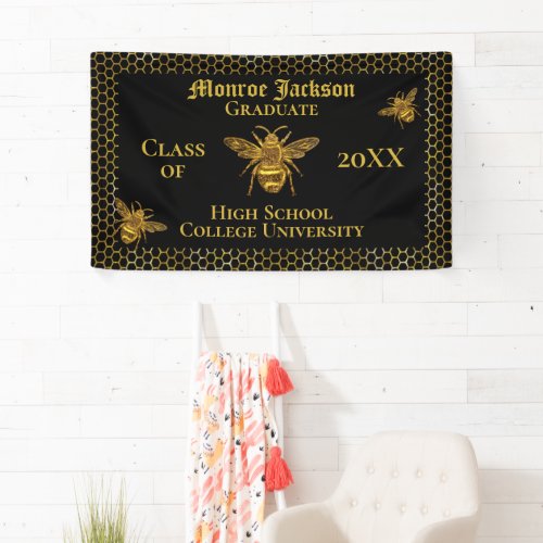 Elegant Black Gold Sparkling Bee Graduation Banner