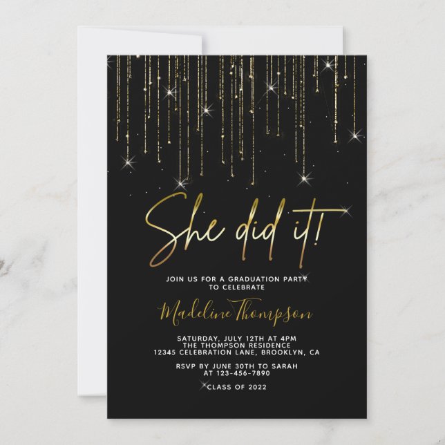 Elegant Black Gold Sparkling She did it Graduation Invitation (Front)