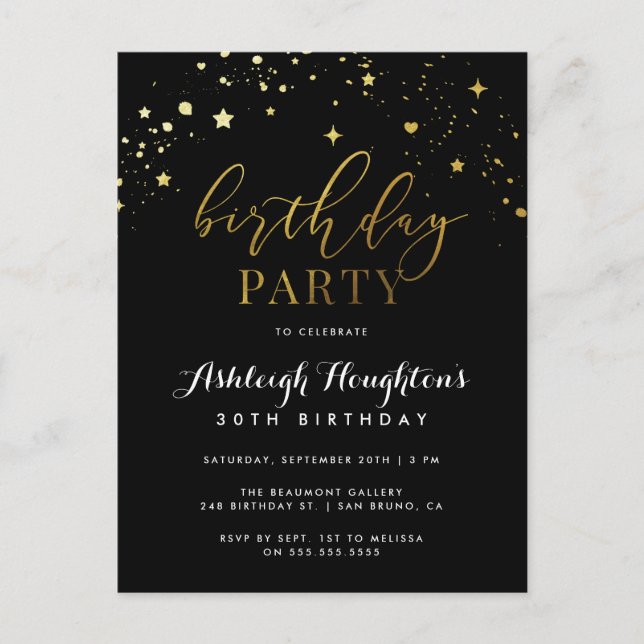 Elegant Black & Gold Star Confetti Birthday Invitation Postcard (Front)