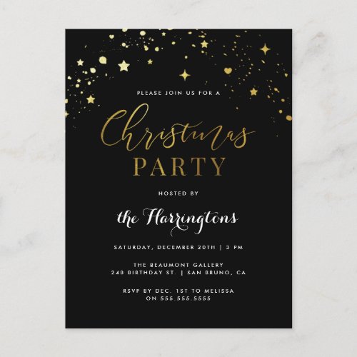 Elegant Black  Gold Star Confetti Christmas Party Invitation Postcard