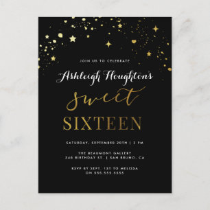 Elegant Black & Gold Star Confetti Sweet 16 Invitation Postcard