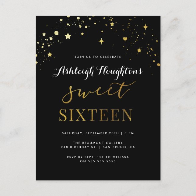 Elegant Black & Gold Star Confetti Sweet 16 Invitation Postcard (Front)