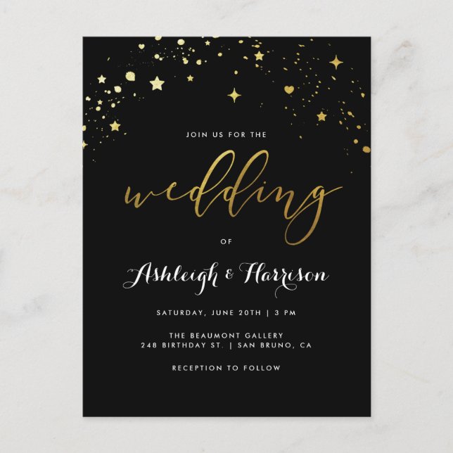 Elegant Black & Gold Star Confetti Wedding Invitation Postcard (Front)