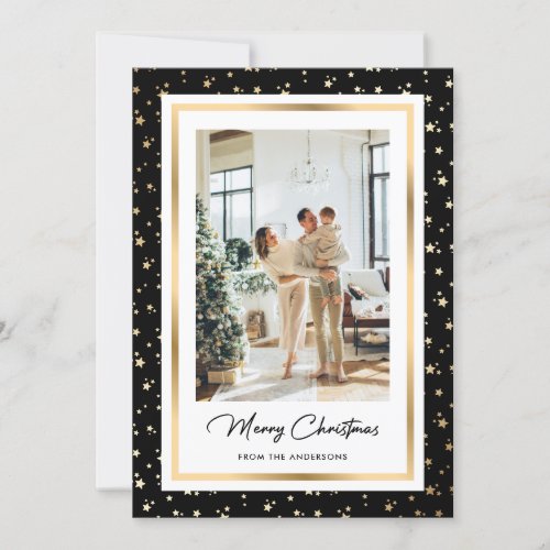 Elegant Black Gold Starry Photo Merry Christmas Holiday Card