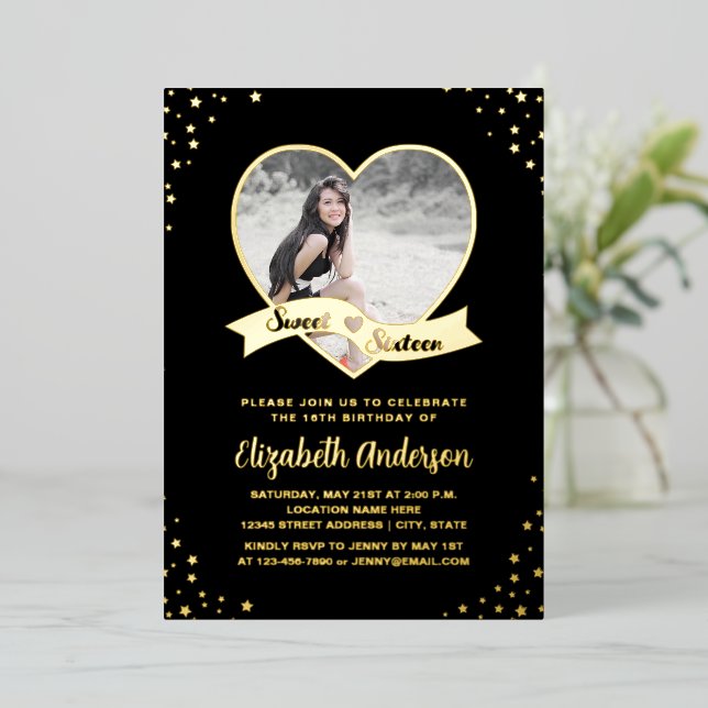 Elegant Black Gold Starry Sweet 16 Birthday Photo Foil Invitation (Standing Front)