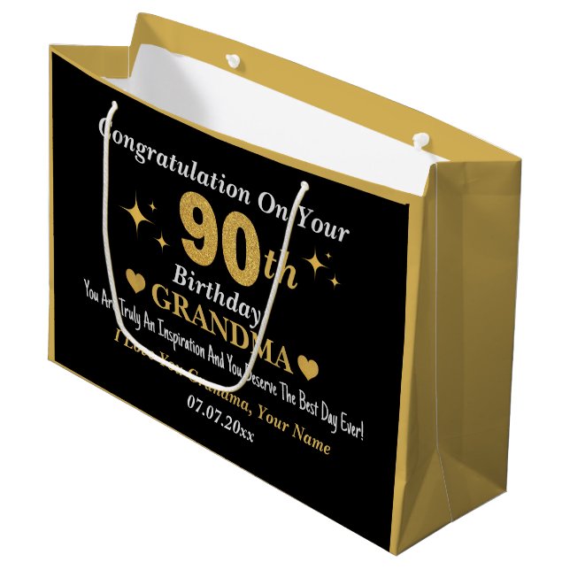 Elegant Black & Gold Stars 90th Birthday Grandma Large Gift Bag (Front Angled)