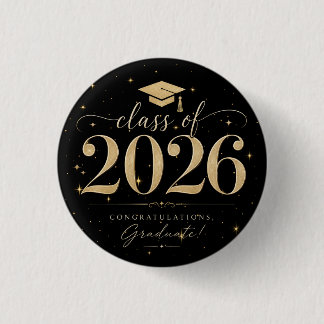 Elegant Black Gold Stars Class of 2026 Graduation Button