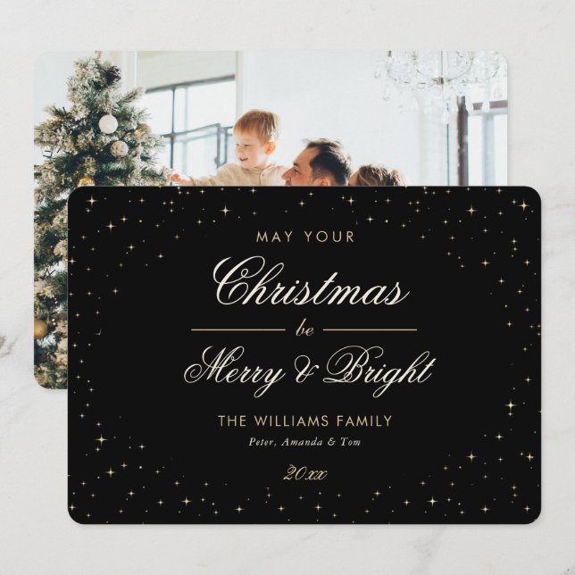 Elegant Black Gold Stars Photo Christmas Holiday Card (Front/Back)