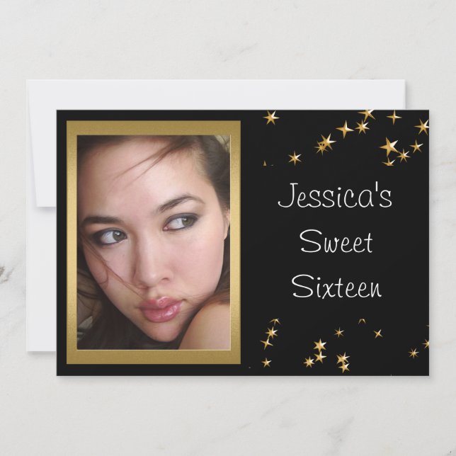 Elegant Black Gold Stars Photo Sweet 16 Invitation (Front)
