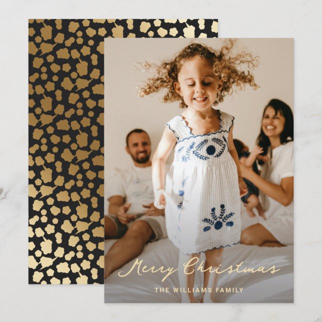 Elegant Black Gold Stars Script Photo Christmas Holiday Card (Front/Back)