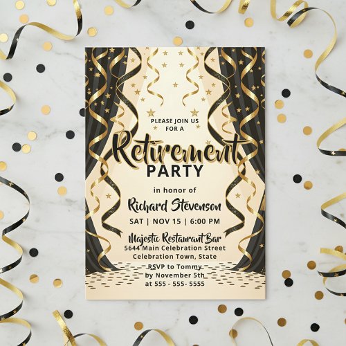 Elegant Black Gold Streamers Retirement Party