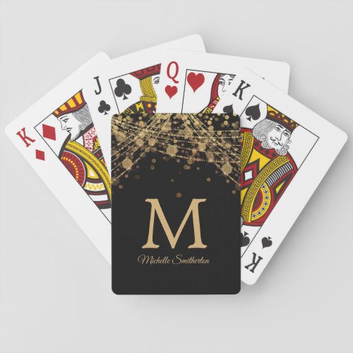 Elegant Black Gold String Lights Monogram Script Poker Cards