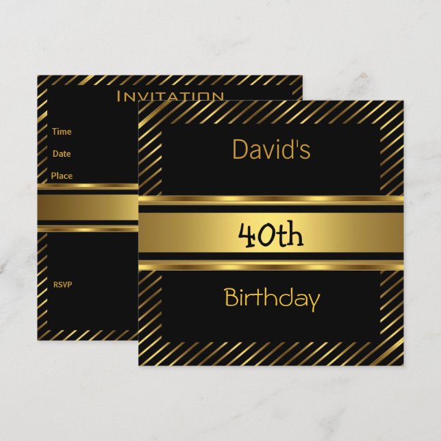 Elegant Black gold Stripe 40th Birthday Invitation (Front/Back)