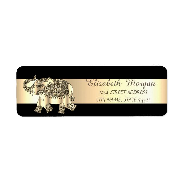 Elegant Black  ,Gold Stripe,Gold Paisley Elephant Label (Front)