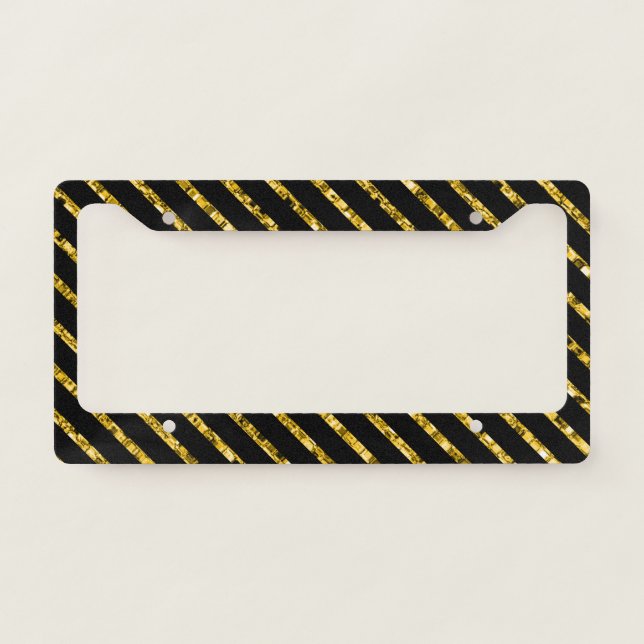 Elegant Black Gold Stripe Sparkle Glam Unique License Plate Frame (Front)