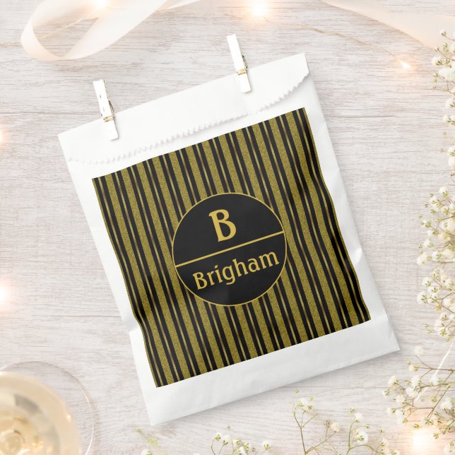 Elegant Black Gold Stripe Split Monogram Favor Bag (Clipped)