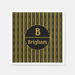 Elegant Black & Gold Stripe Split Monogram Napkins