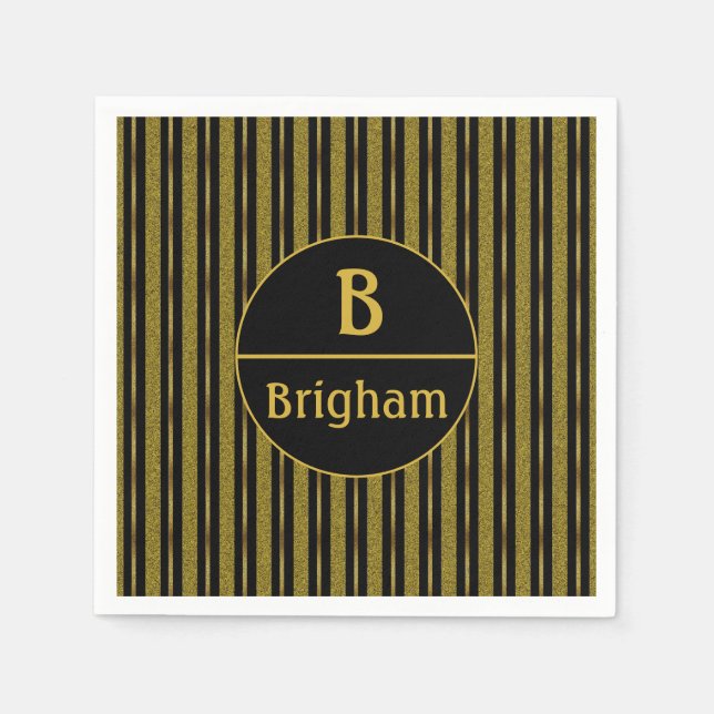 Elegant Black & Gold Stripe Split Monogram Napkins (Front)