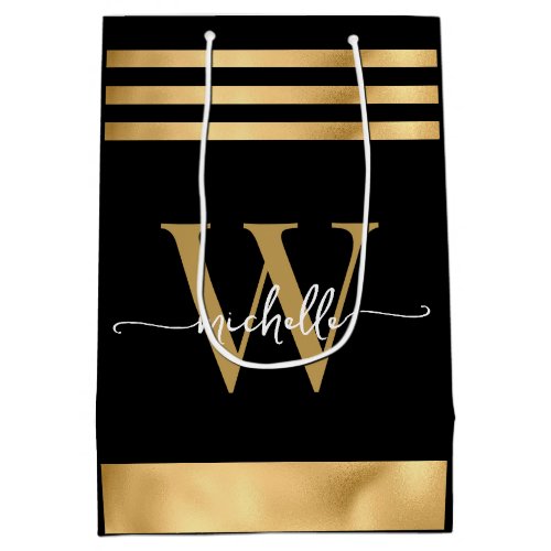 Elegant Black Gold Striped Monogram Girly Script  Medium Gift Bag
