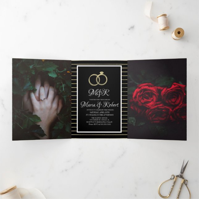 Elegant Black Gold Stripes Foil Wedding Tri-Fold Invitation (Inside)
