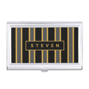 Elegant Black Gold Stripes Masculine Monogram Mens Business Card Case