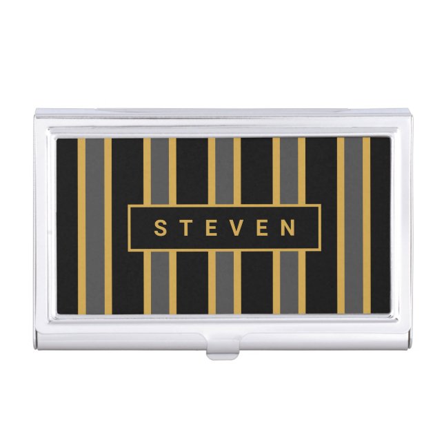 Elegant Black Gold Stripes Masculine Monogram Mens Business Card Case (Front)