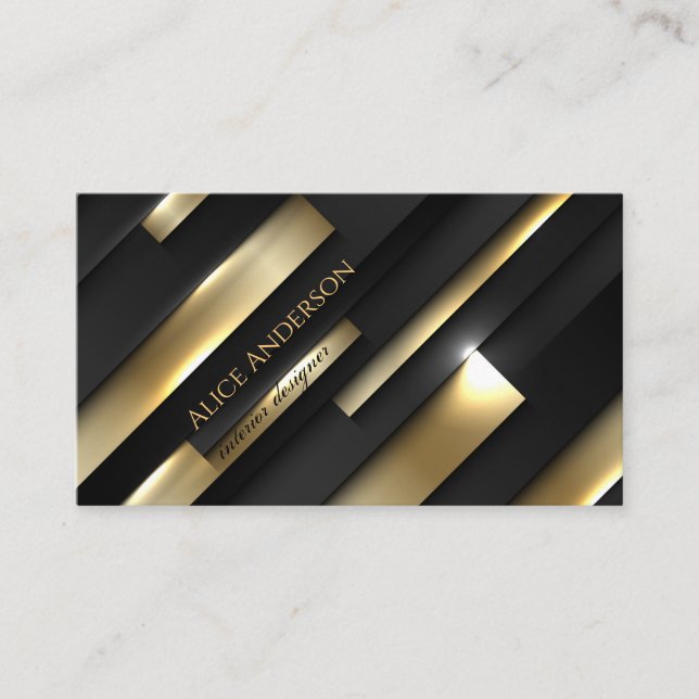 Elegant black gold stripes unique angle text business card (Front)