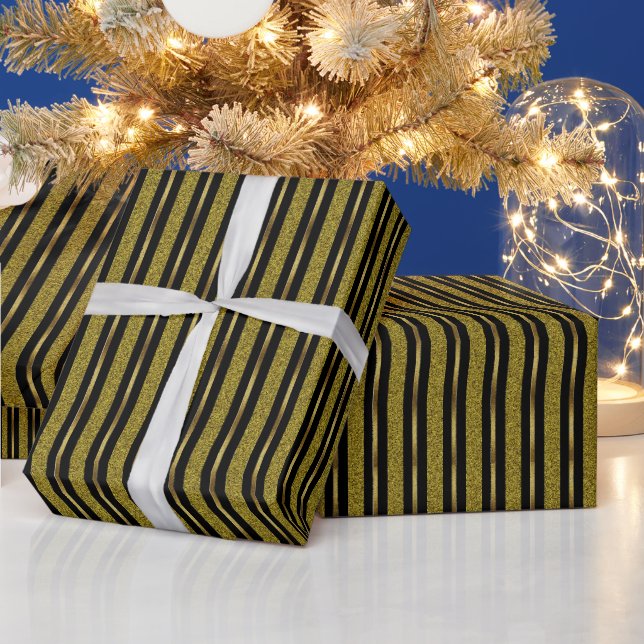 Elegant Black & Gold Stripes Wrapping Paper (Holidays)