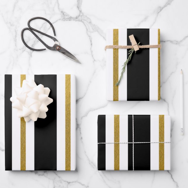 Elegant Black & Gold Stripes Wrapping Paper Sheets (Front)