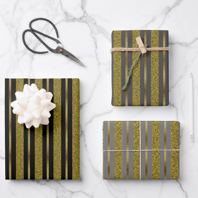 Elegant Black & Gold Stripes  Wrapping Paper Sheets (Front)