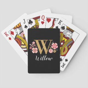 Elegant Black Gold Stylish Floral Monogram Poker Cards