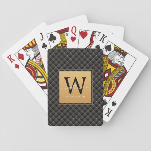 Elegant Black Gold Stylish Monogram Initial Script Poker Cards