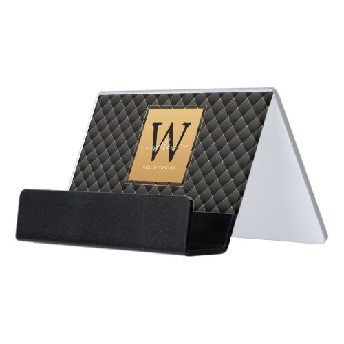 Elegant Black Gold Stylish Monogram Script Desk Business Card Holder