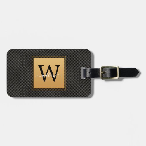 Elegant Black Gold Stylish Monogram Script Travel Luggage Tag