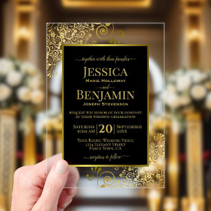 Elegant Black & Gold Stylish Text Classy Wedding Acrylic Invitations
