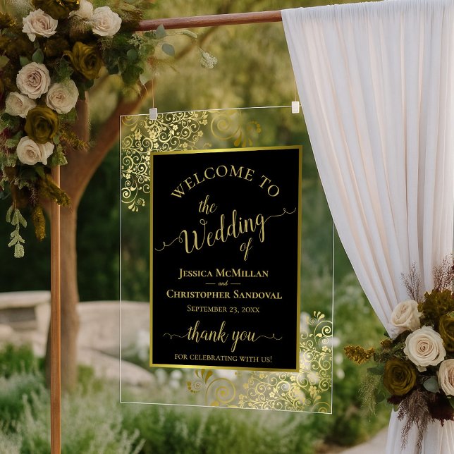 Elegant Black & Gold Stylish Wedding Welcome Acrylic Sign (Creator Uploaded)