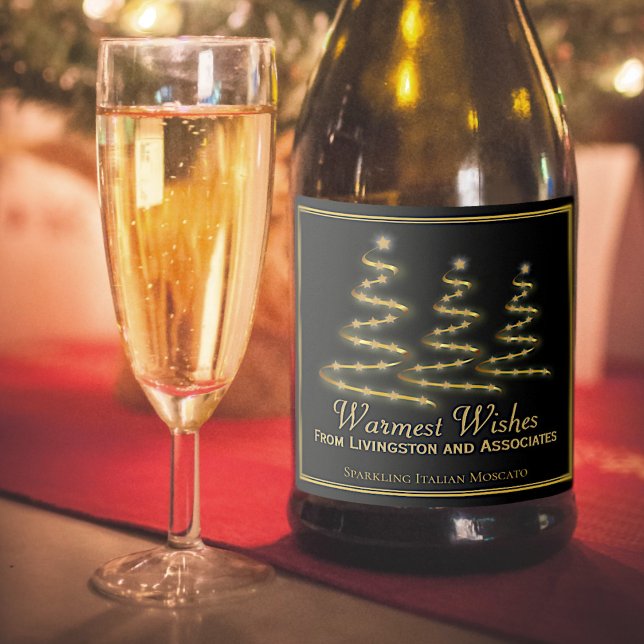 Elegant Black & Gold Stylized Christmas Trees Sparkling Wine Label (In Situ with Glass)
