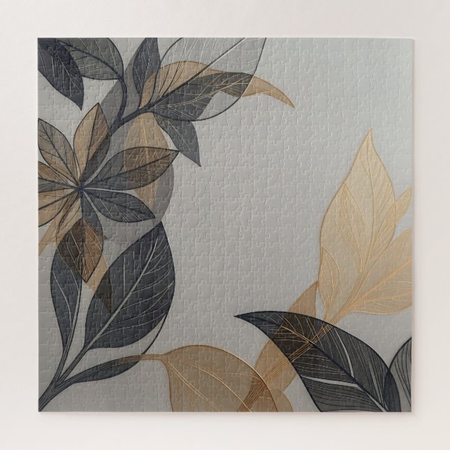 Elegant Black Gold Stylized Leaf Botanical Pattern Jigsaw Puzzle (Vertical)