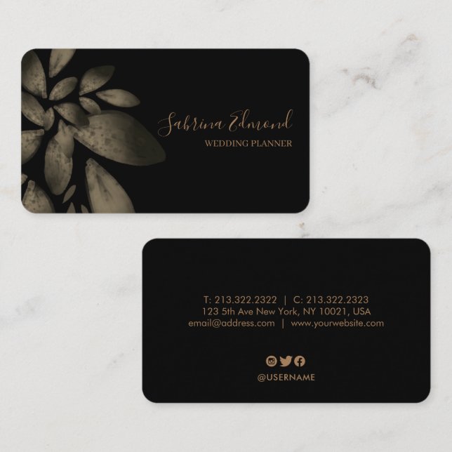 Elegant Black Gold Succulent Foliage Signature Business Card (Front/Back)